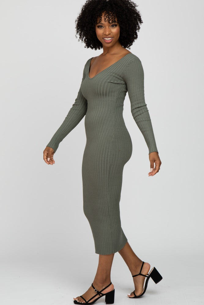 Light Olive V-Neck Long Sleeve Fitted Maxi Dress PinkBlush