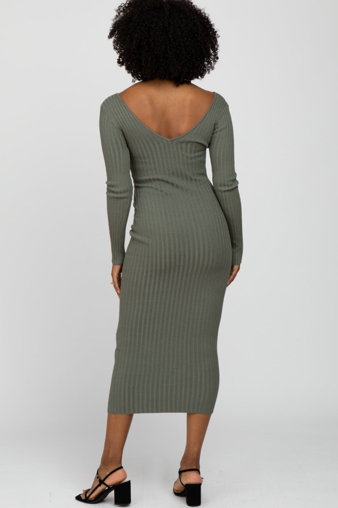 Light Olive V-Neck Long Sleeve Fitted Maxi Dress PinkBlush