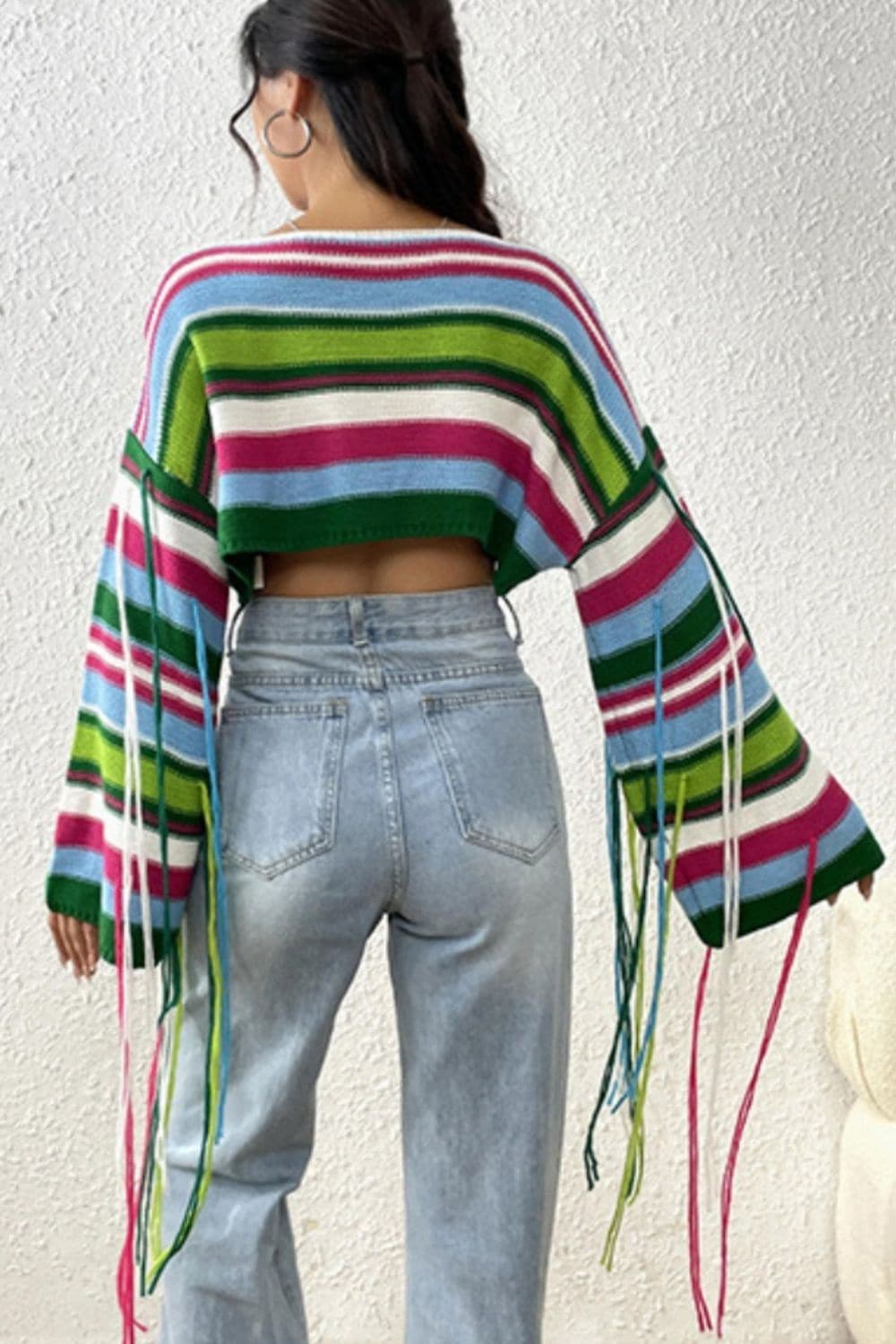 Fringe Striped Round Neck Knit Top.