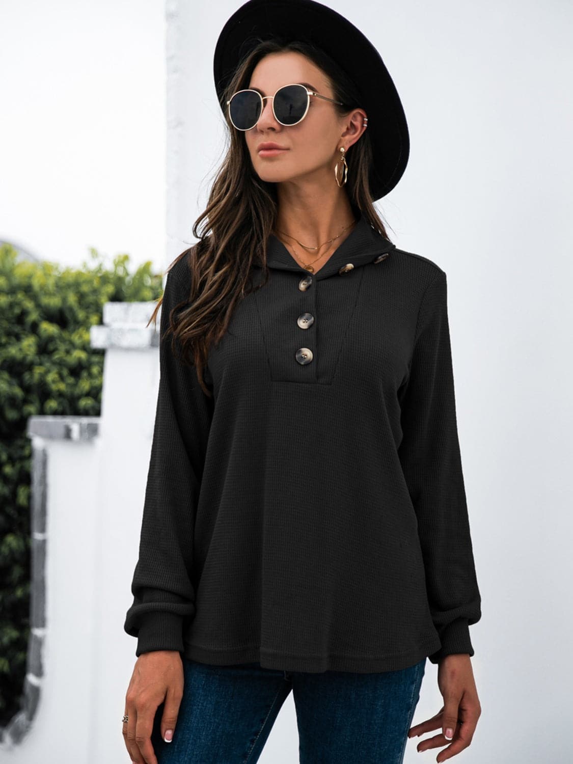 Chic half button long sleeve top