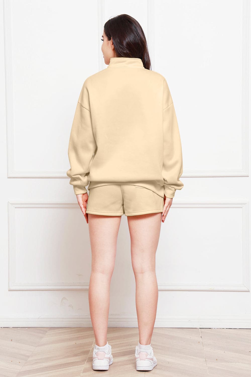 Half Zip Long Sleeve Sweatshirt and Drawstring Shorts Set.