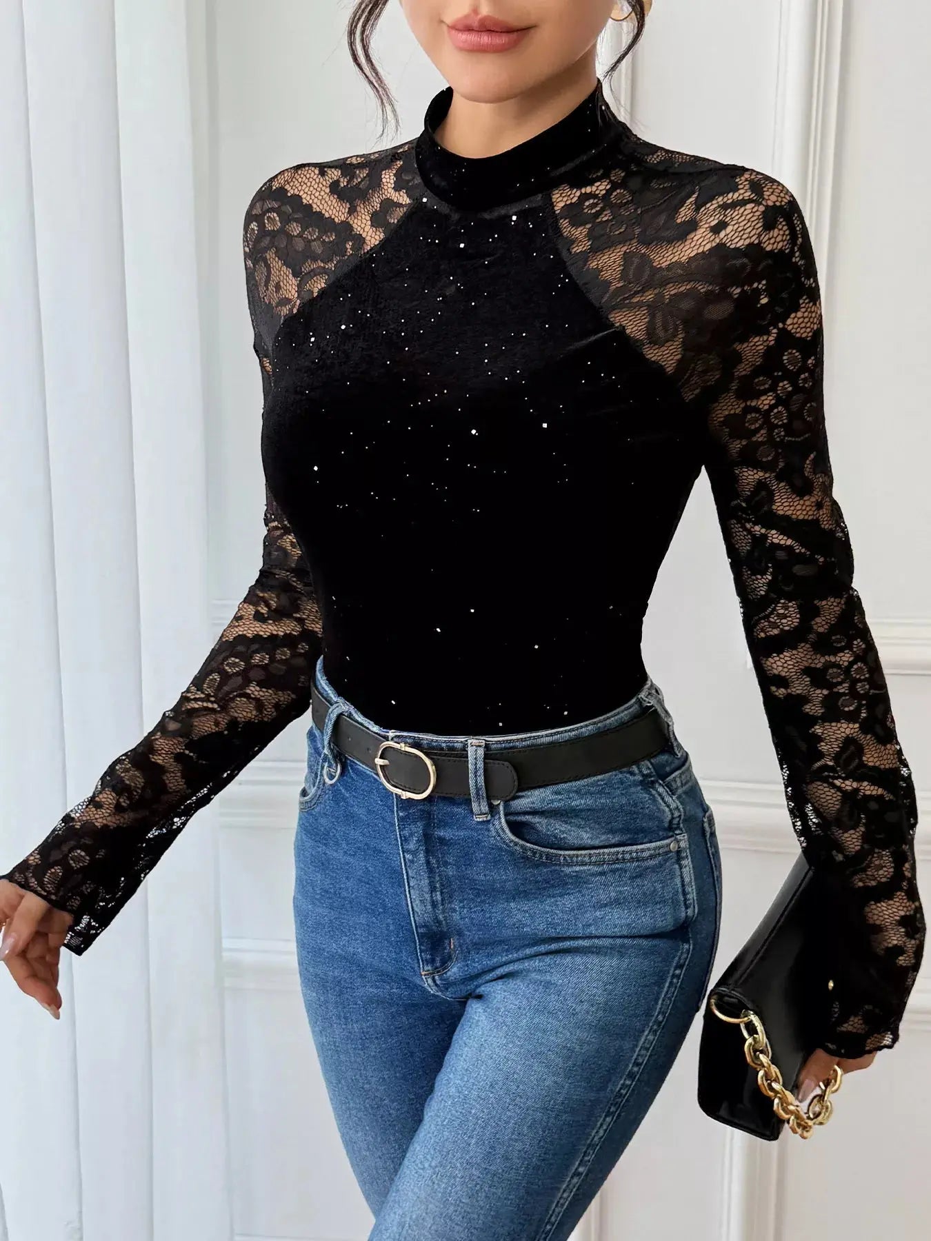Lace Mock Neck Bodysuit With Sheer Lace Sleeves And Sparkling Details Simply Love