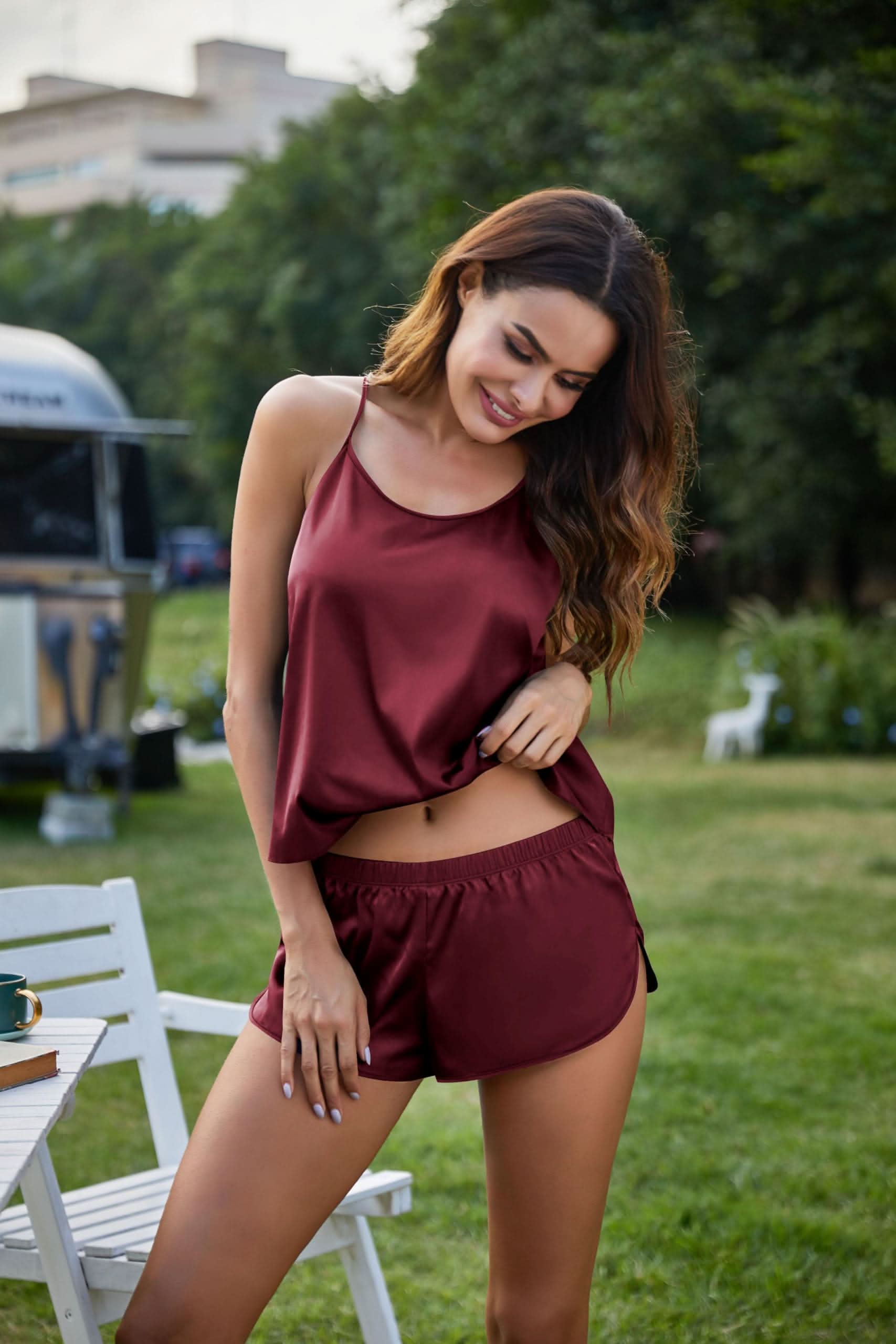 Silk Pajamas Set for Women Satin Backless Lingerie Pjs Cami Top and Shorts Nightwear - Love Salve 