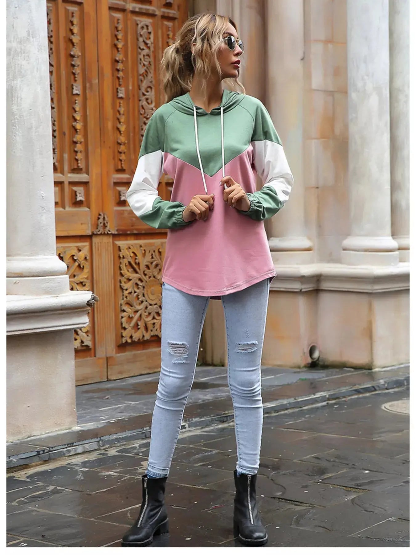 Color Block Women Hoodie Long Sleeve Drawstring Pullover Casual Simply Love