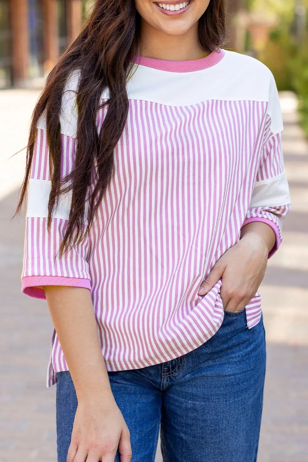 Aliyah Striped Patchwork Three Quarter Sleeve Casual Top - Love Salve 
