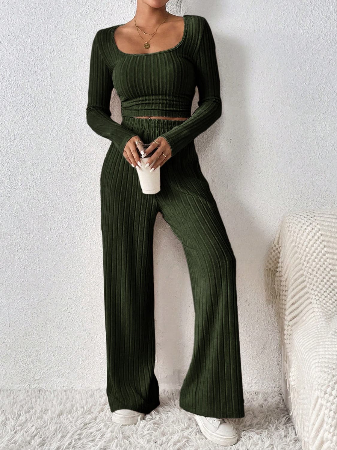 Cozy scoop neck long sleeve top and matching pants set