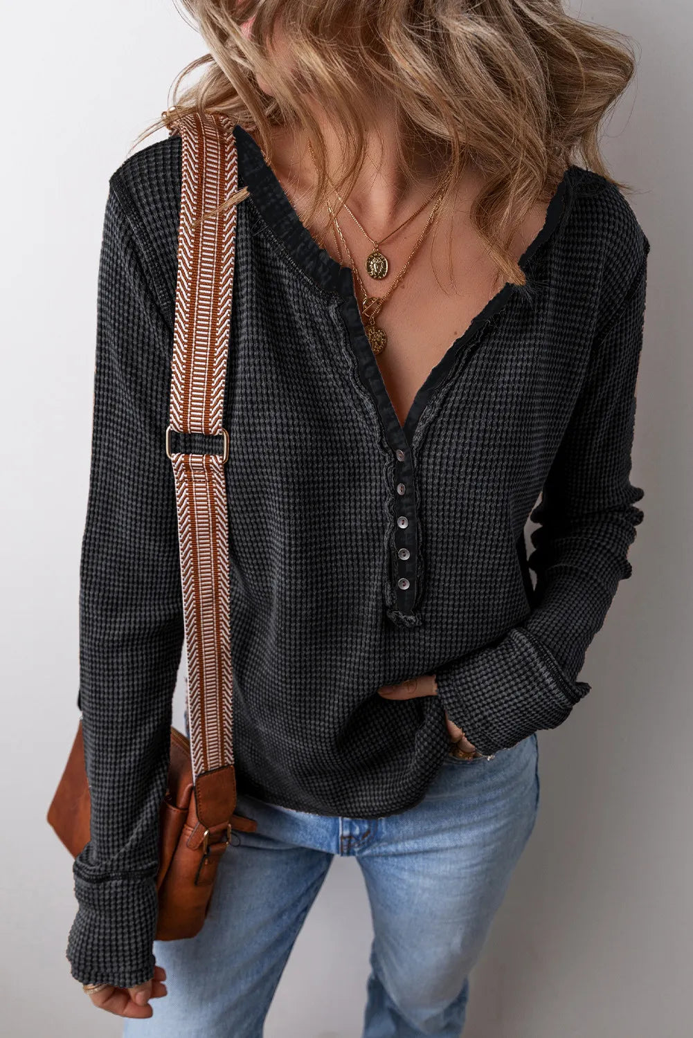 Chic buttoned notched long sleeve top