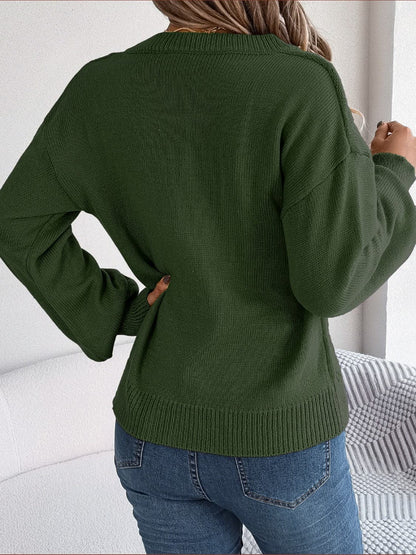 Cable-Knit Buttoned V-Neck Sweater.