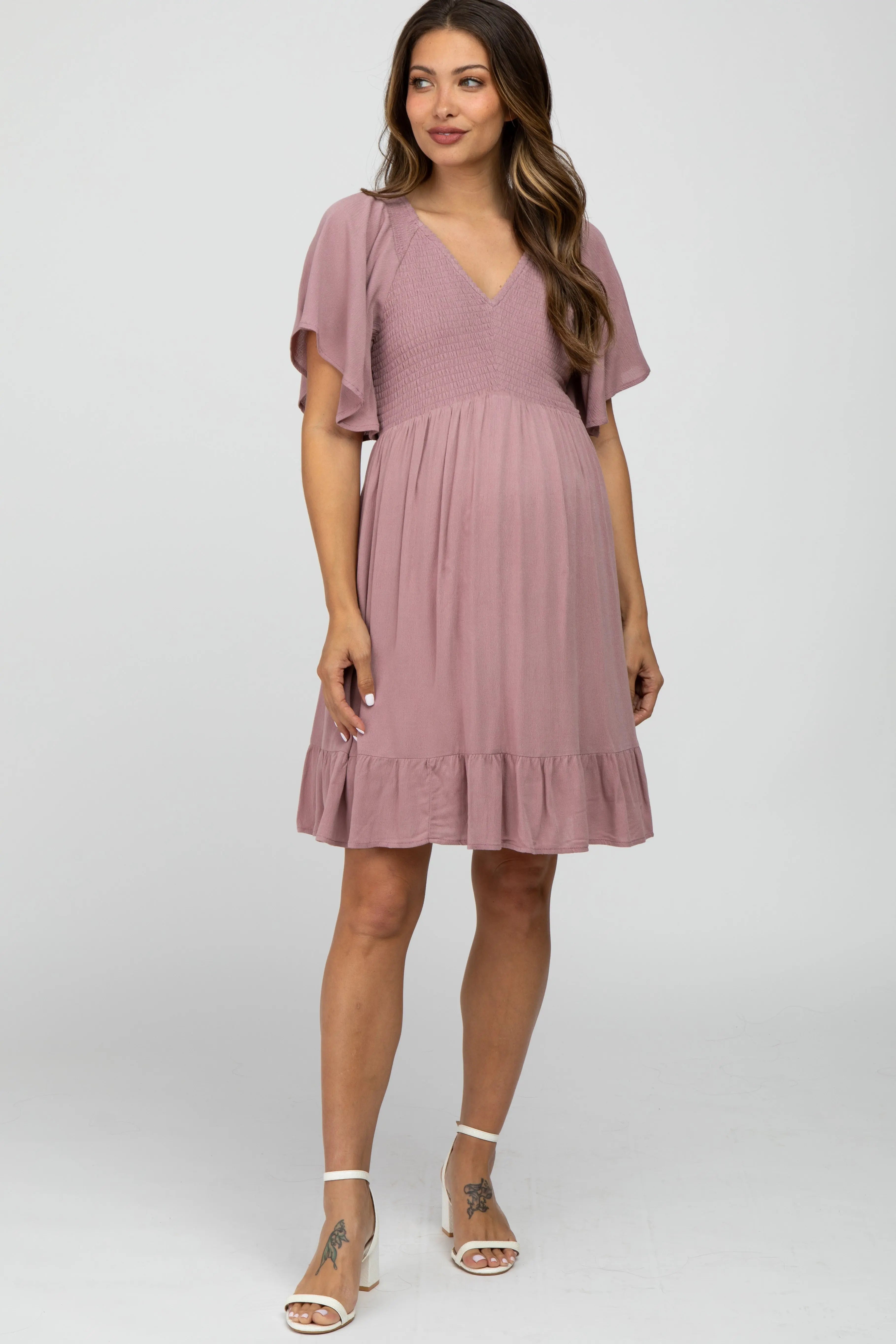 Mauve Smocked Front Ruffle Hem Maternity Dress With Flutter Sleeves PinkBlush
