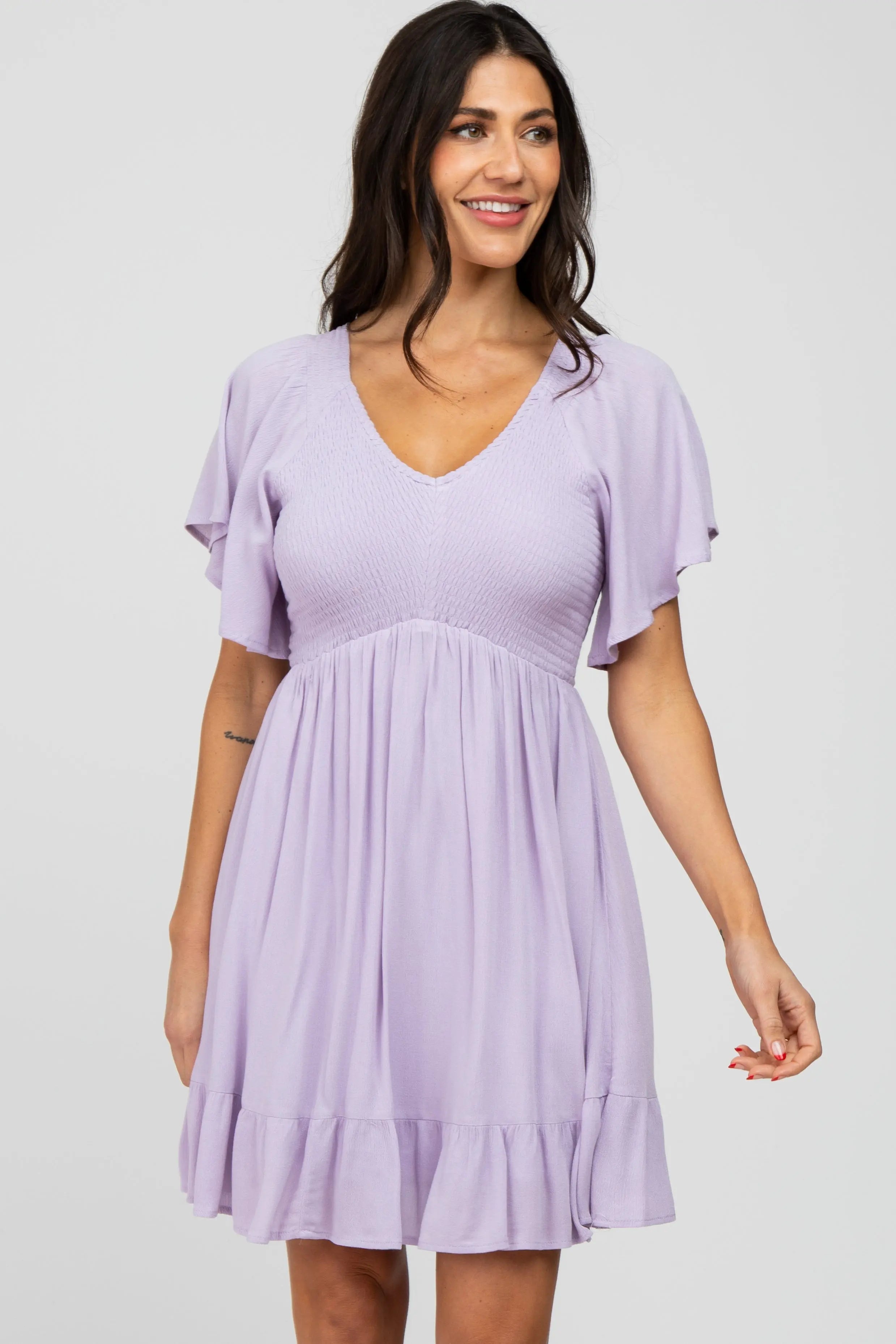Lavender Smocked Front Ruffle Hem Maternity Dress PinkBlush