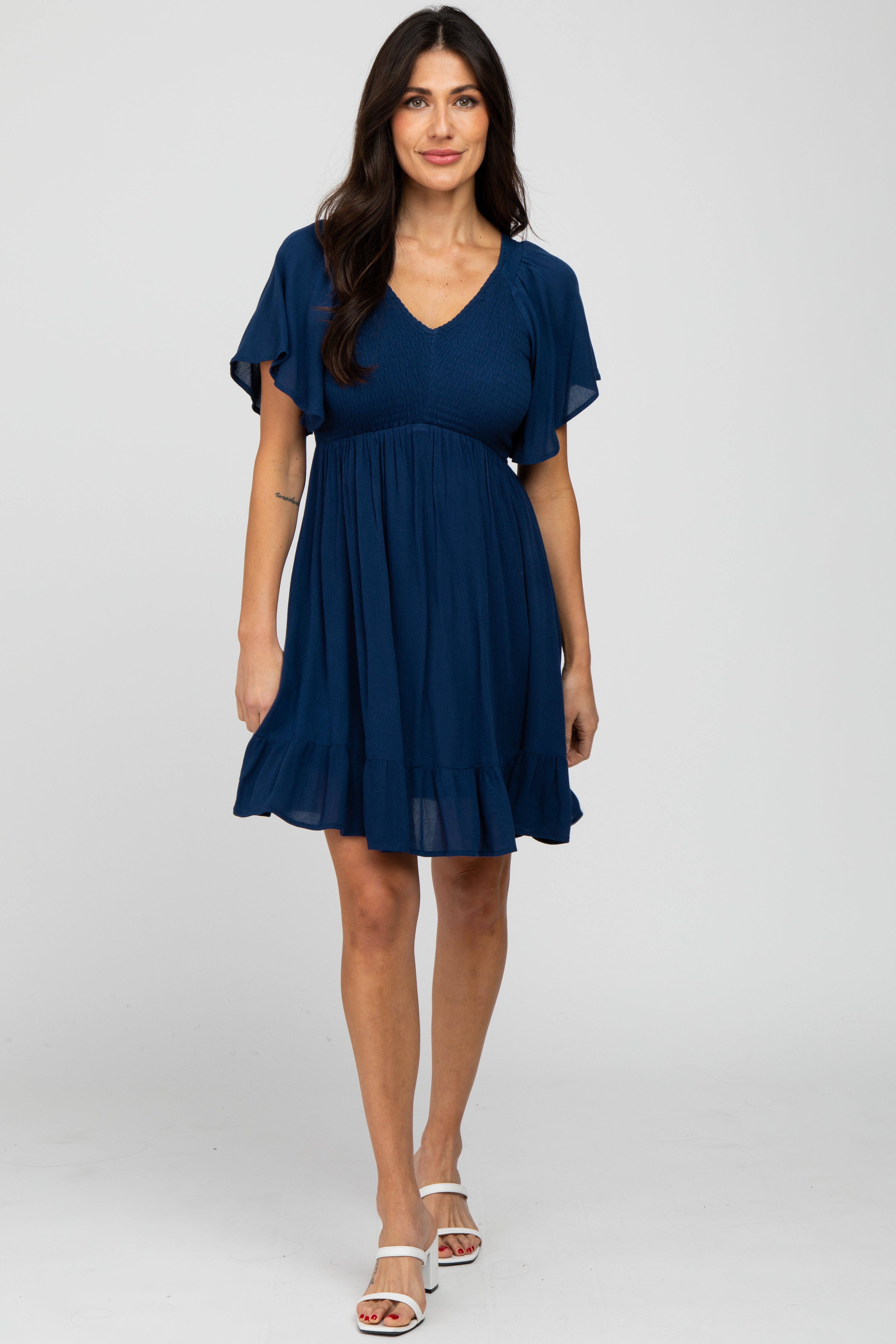 Navy Blue Smocked Front Ruffle Hem Dress PinkBlush