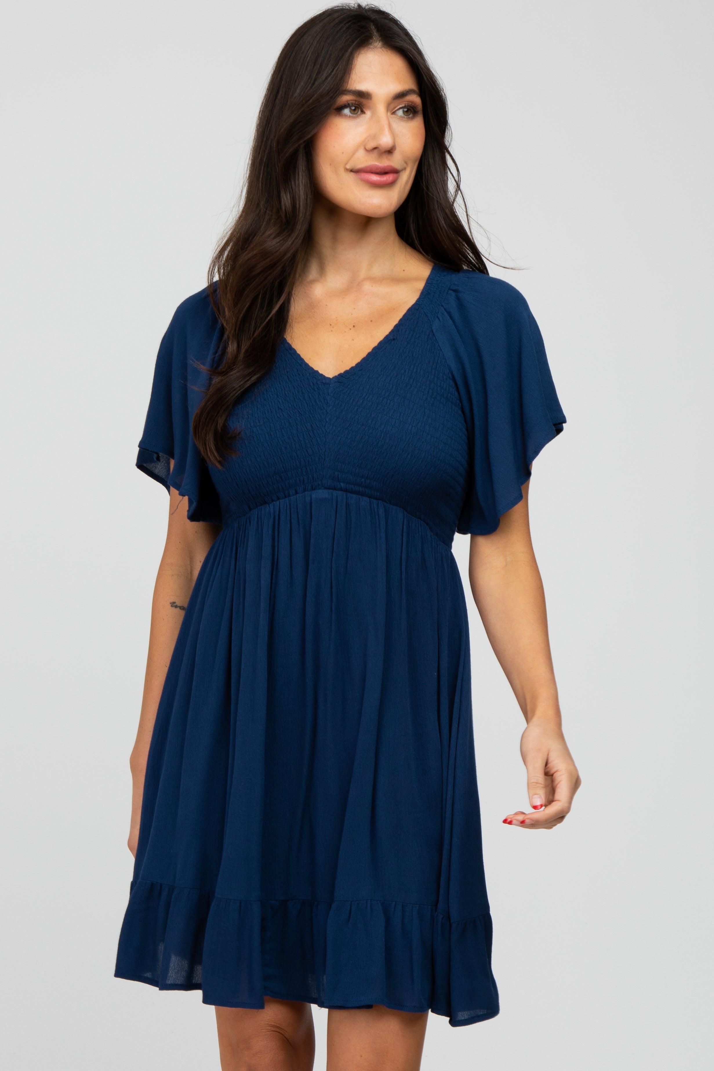 Navy Blue Smocked Front Ruffle Hem Dress PinkBlush