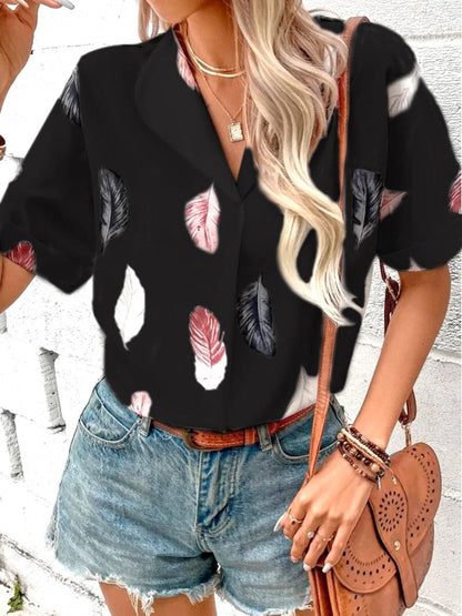 Full Size Printed Collared Neck Short Sleeve Blouse.