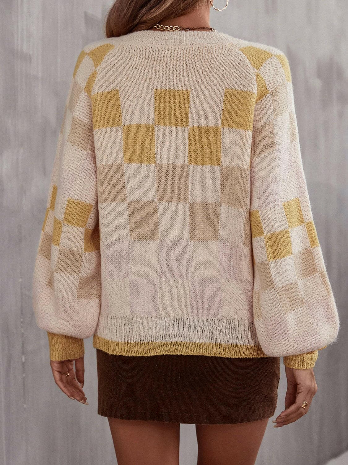 Checkered V-Neck Lantern Sleeve Sweater.