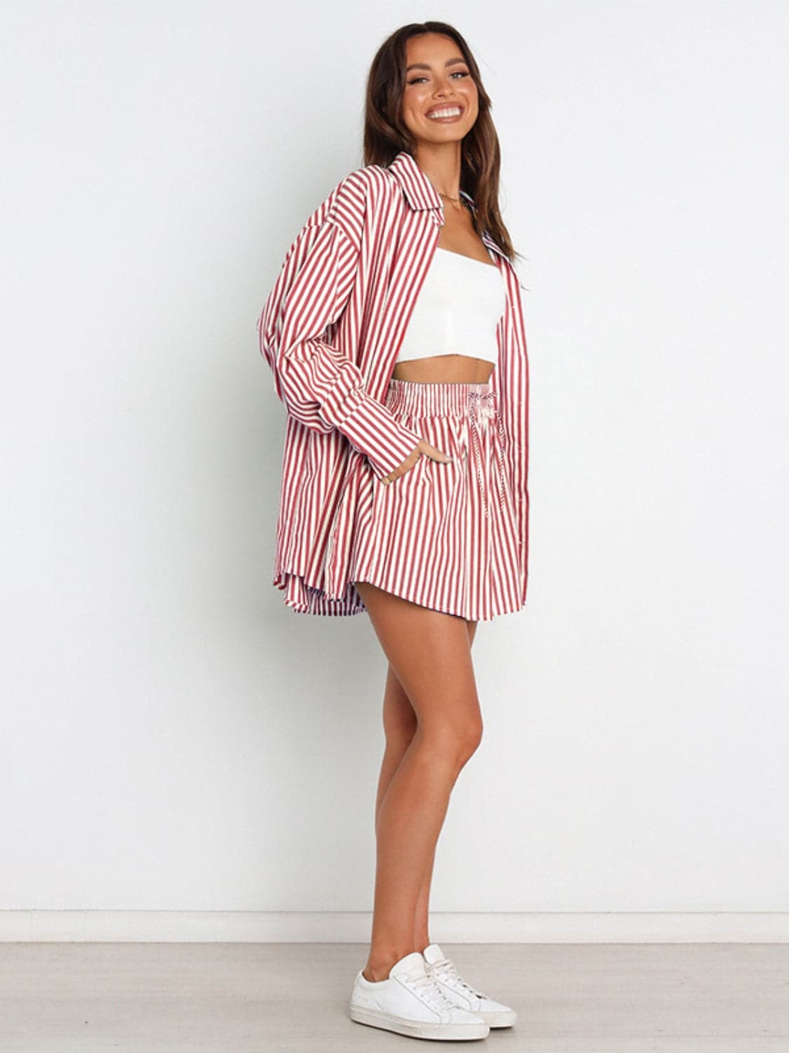 Striped Dropped Shoulder Shirt and Shorts Set.