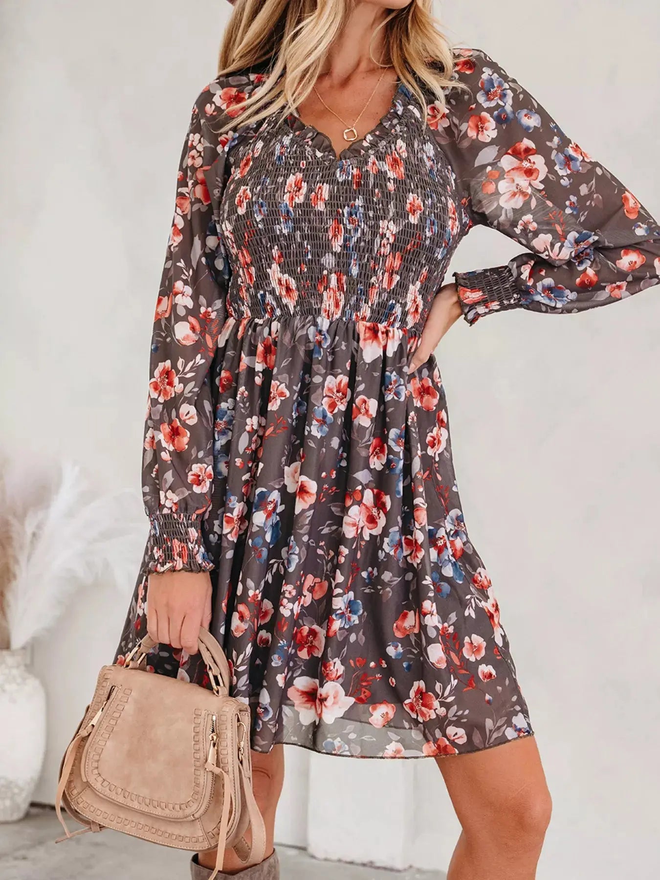 Frilly Smocked Bodice Floral Mesh Long Sleeve Mini Dress Simply Love