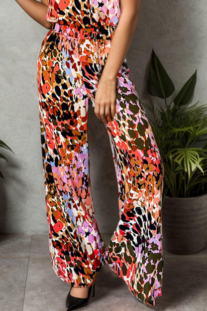 Tied Printed Mock Neck Top and Pants Set.