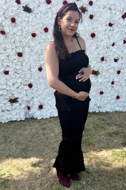 Black Satin Smocked Fitted Maternity Midi Dress PinkBlush