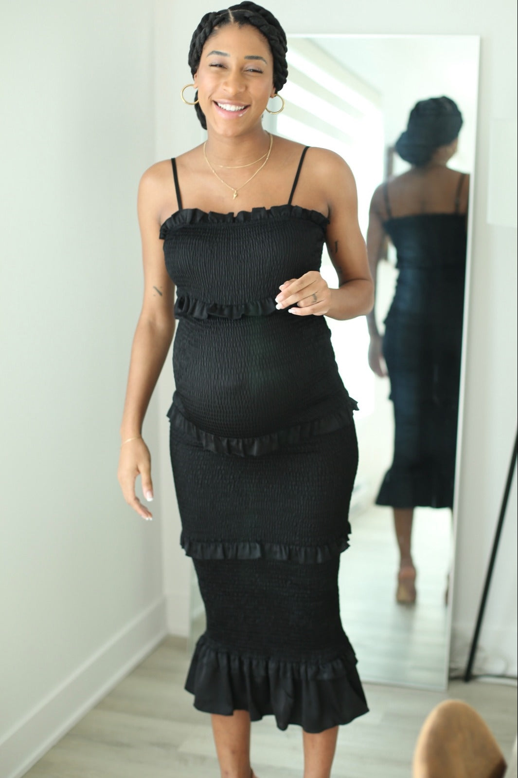 Black Satin Smocked Fitted Maternity Midi Dress PinkBlush