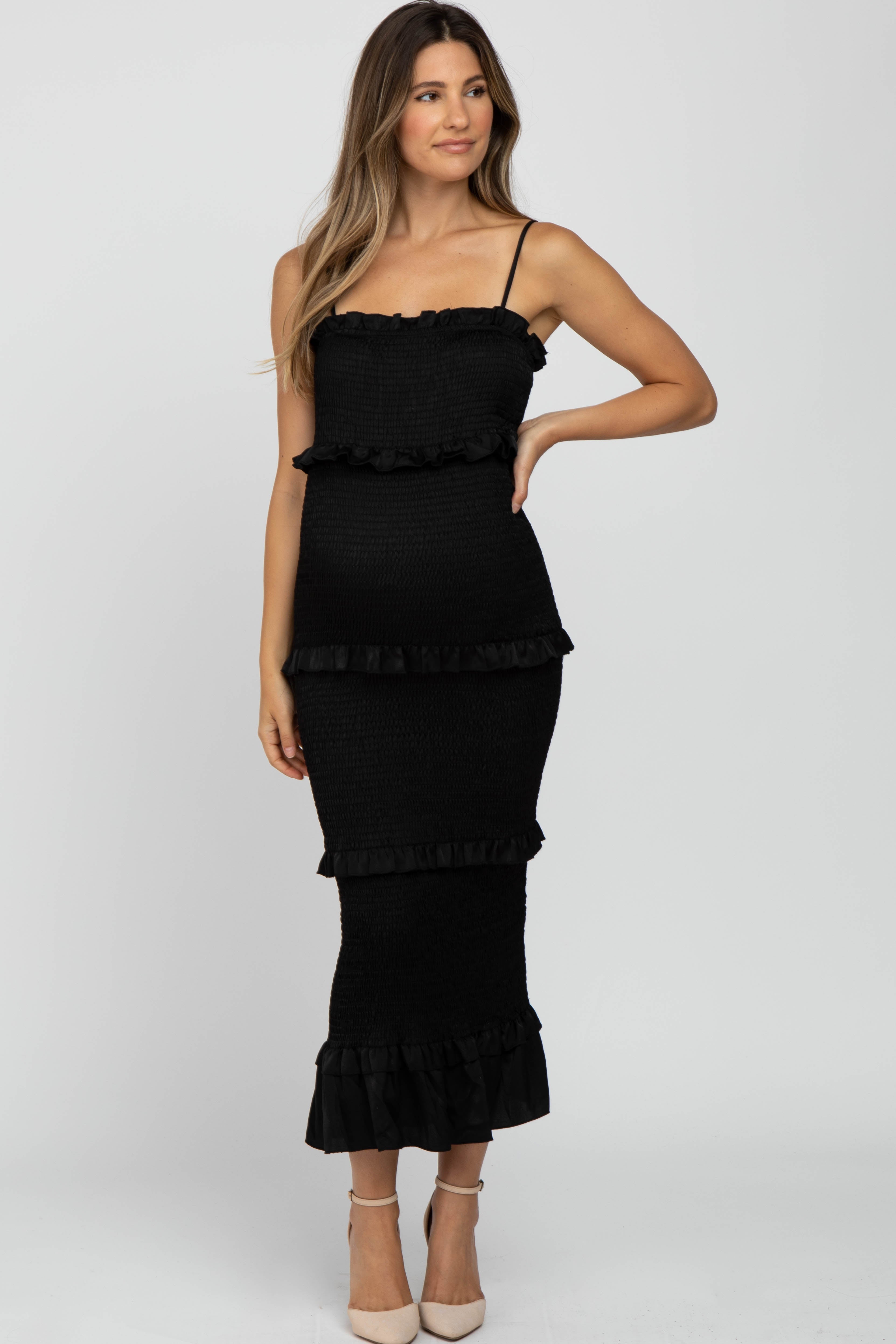 Black Satin Smocked Fitted Maternity Midi Dress PinkBlush
