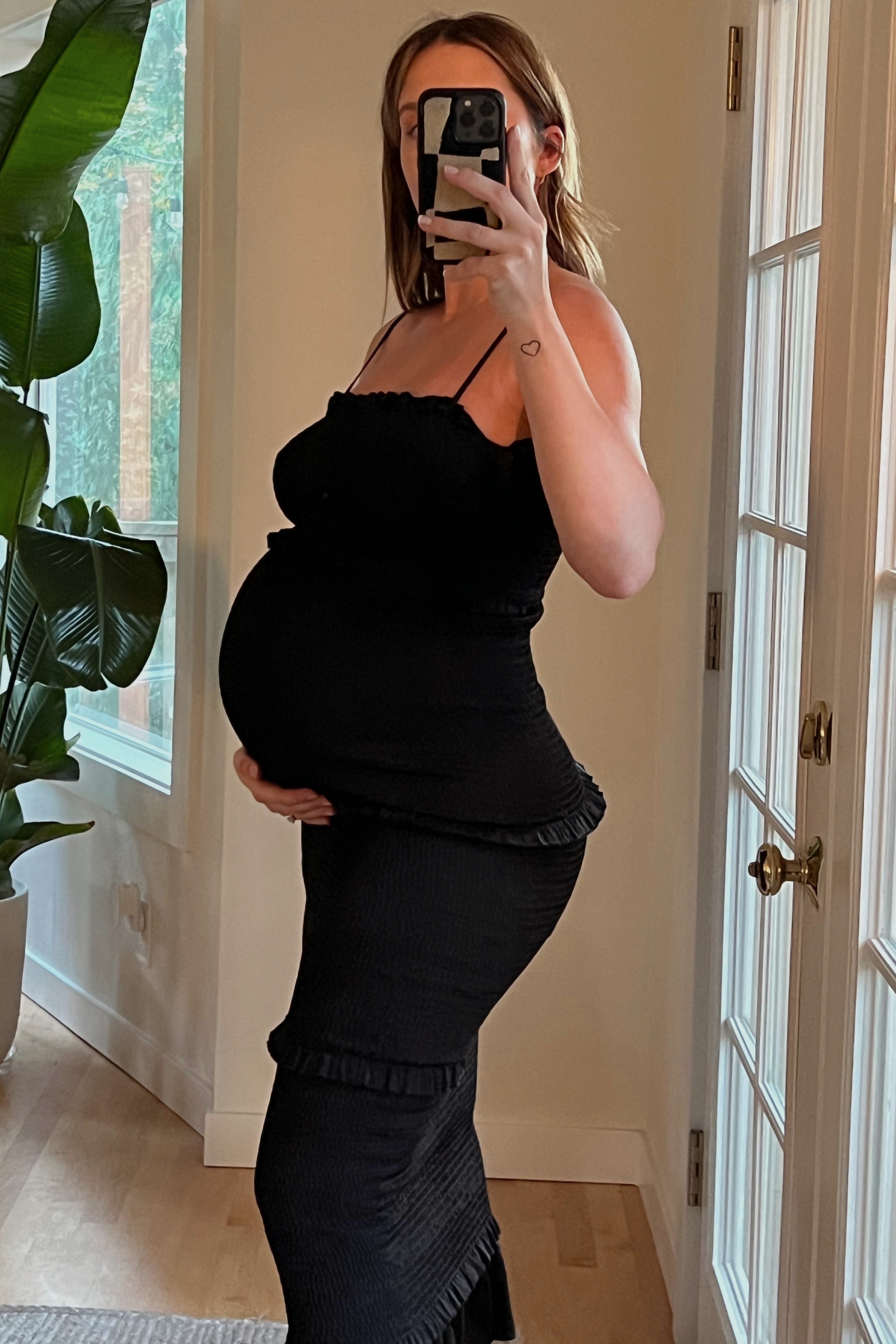 Black Satin Smocked Fitted Maternity Midi Dress PinkBlush