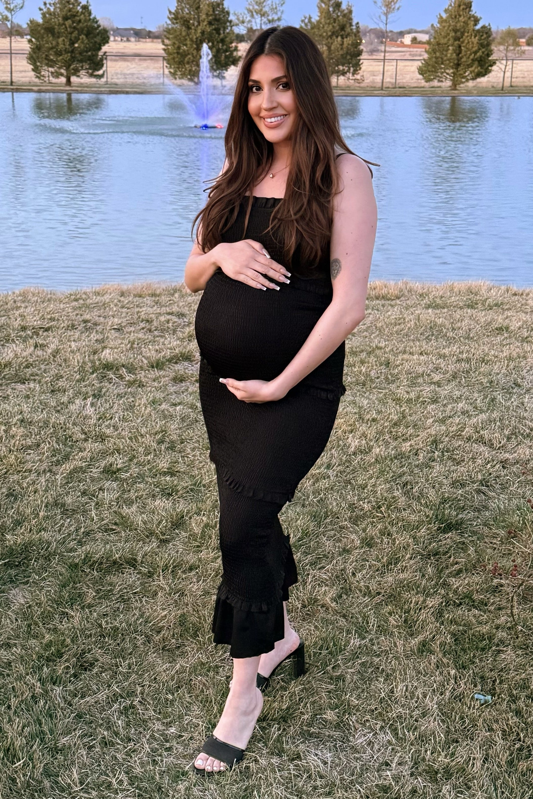 Black Satin Smocked Fitted Maternity Midi Dress PinkBlush