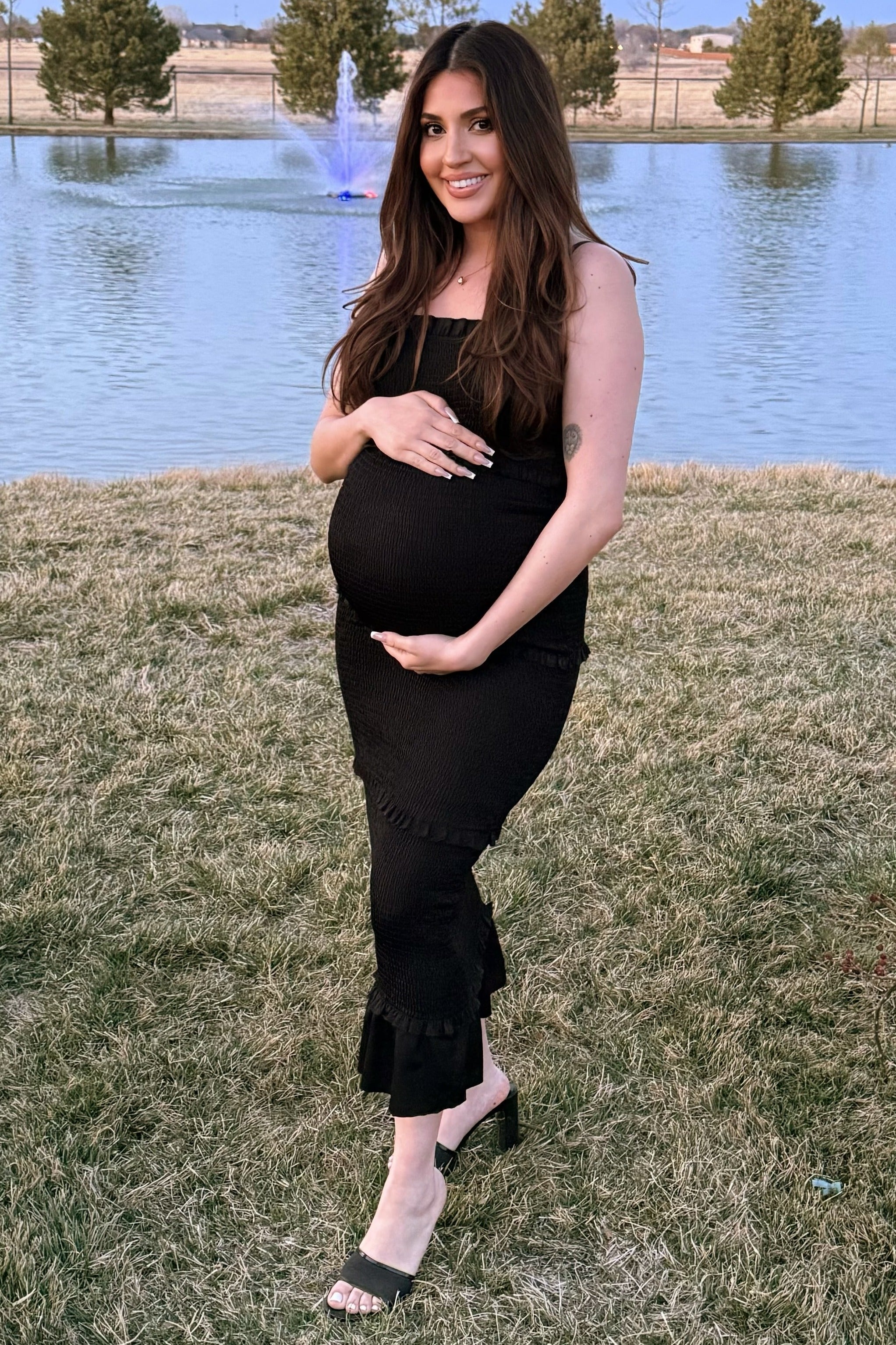 Black Satin Smocked Fitted Maternity Midi Dress PinkBlush