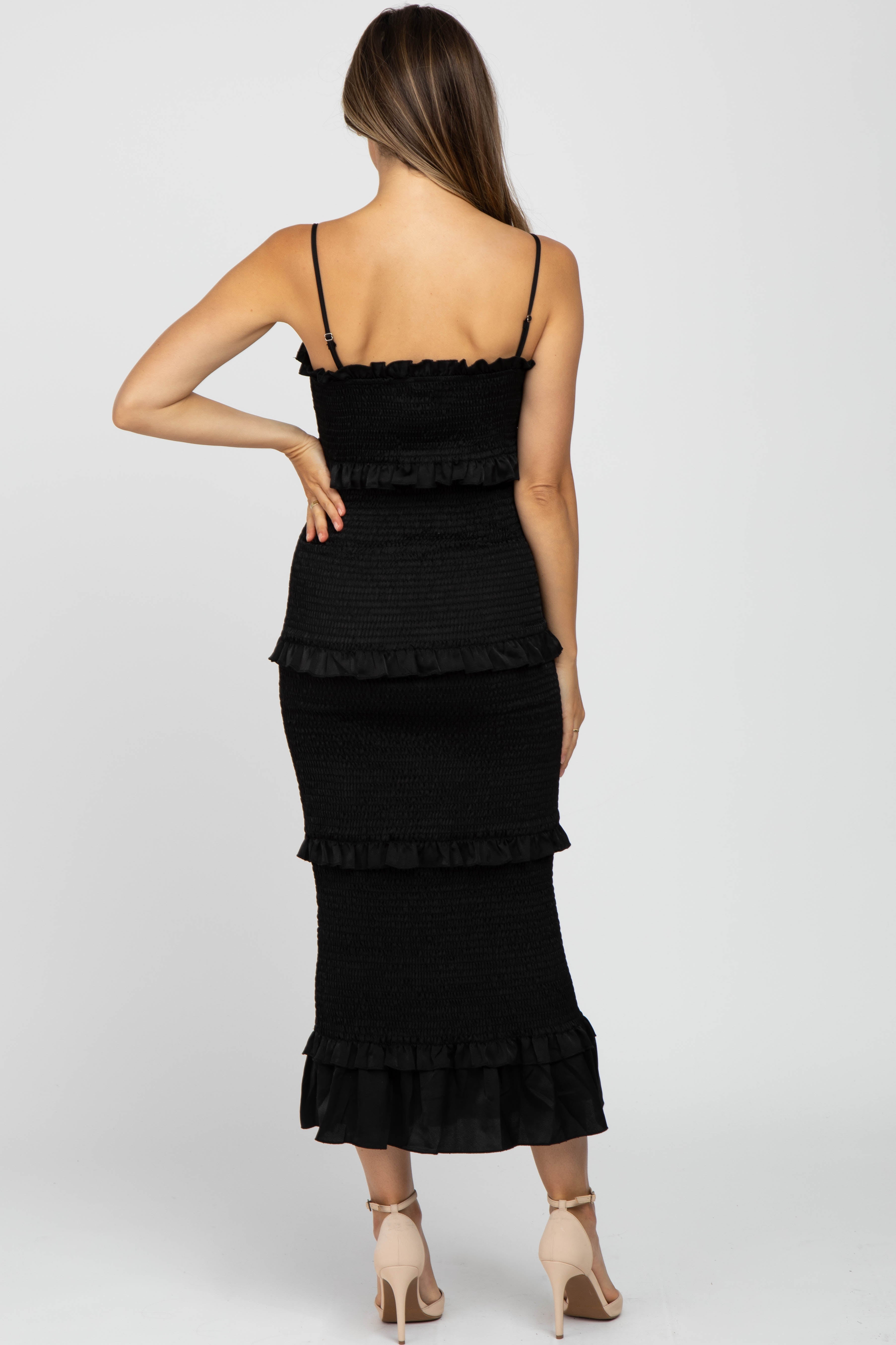 Black Satin Smocked Fitted Maternity Midi Dress PinkBlush