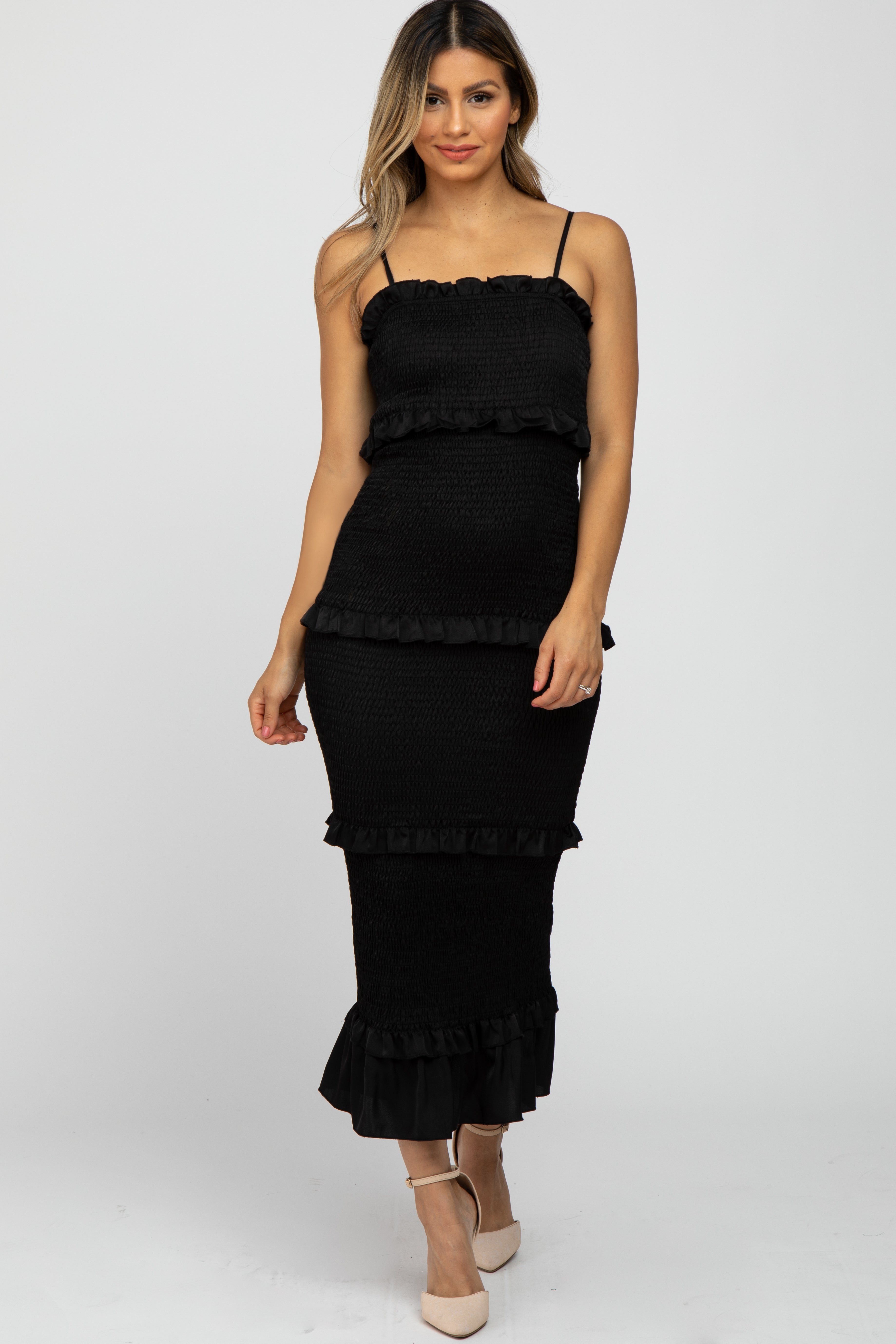 Black Satin Smocked Fitted Maternity Midi Dress PinkBlush