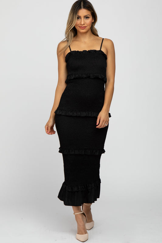 Black Satin Smocked Fitted Midi Dress PinkBlush