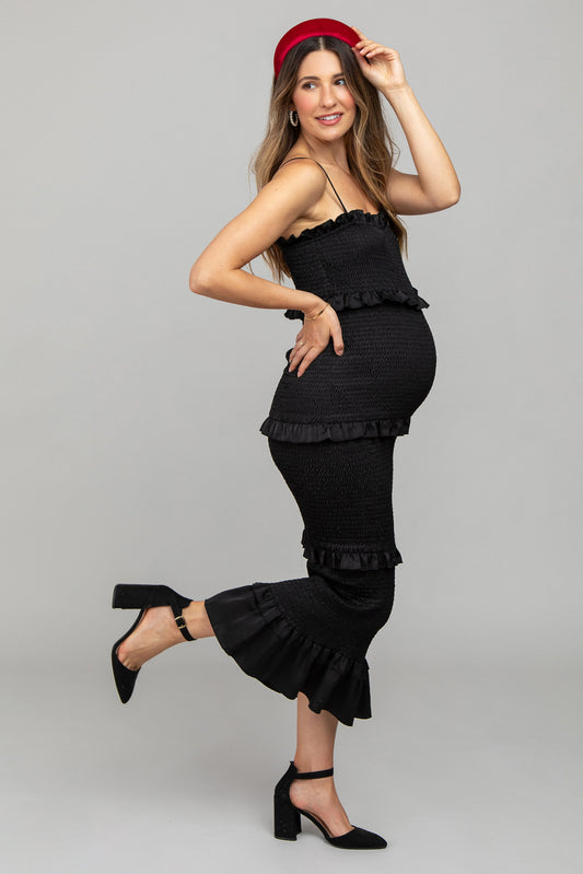Black Satin Smocked Fitted Maternity Midi Dress PinkBlush
