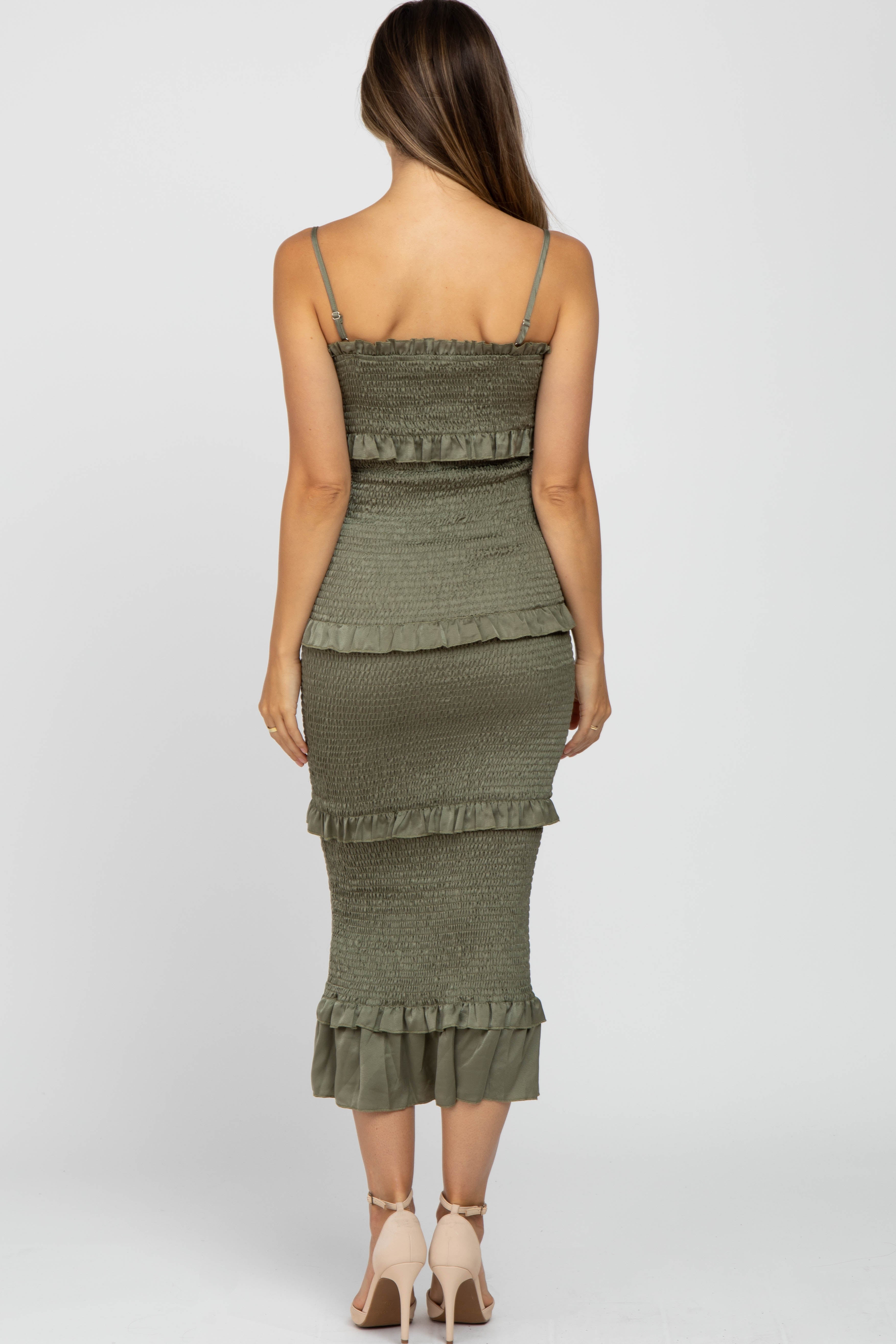 PinkBlush Olive Satin Smocked Fitted Maternity Midi Dress, a close-up of the smocked bodice detail and luxurious satin.