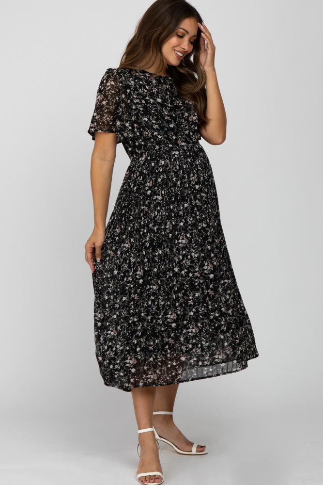 Black Floral Pleated Short Sleeve Chiffon Maternity Midi Dress PinkBlush