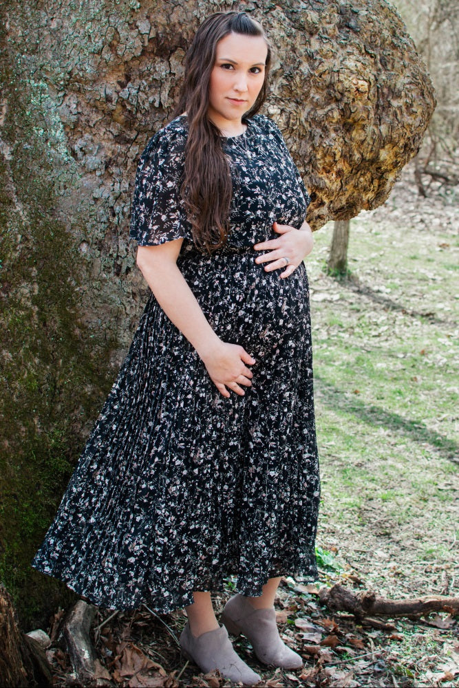 Black Floral Pleated Short Sleeve Chiffon Maternity Midi Dress PinkBlush