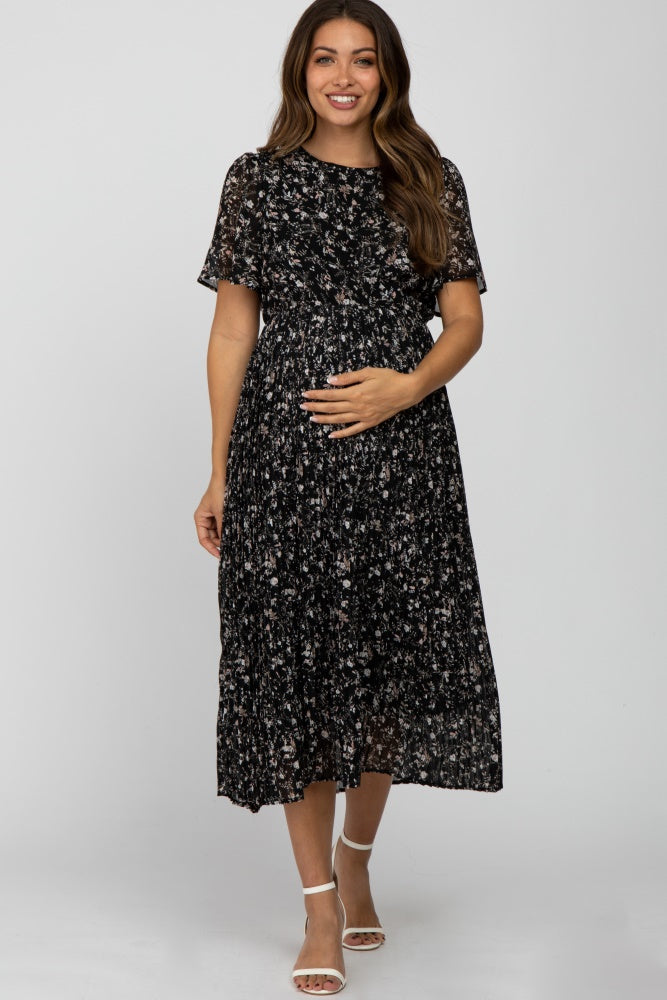 Black Floral Pleated Short Sleeve Chiffon Maternity Midi Dress PinkBlush