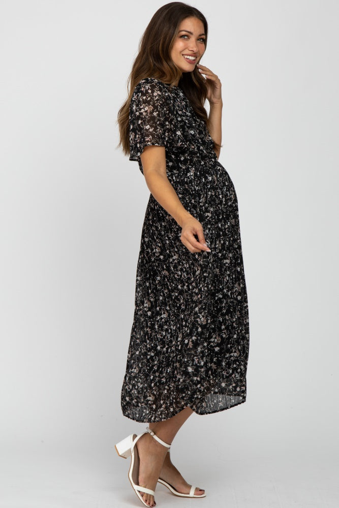 Black Floral Pleated Short Sleeve Chiffon Maternity Midi Dress PinkBlush