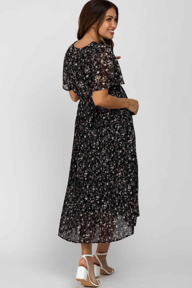 Black Floral Pleated Short Sleeve Chiffon Maternity Midi Dress PinkBlush