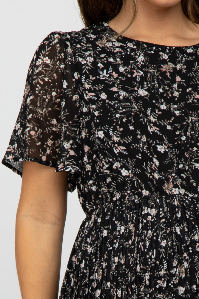 Black Floral Pleated Short Sleeve Chiffon Maternity Midi Dress PinkBlush