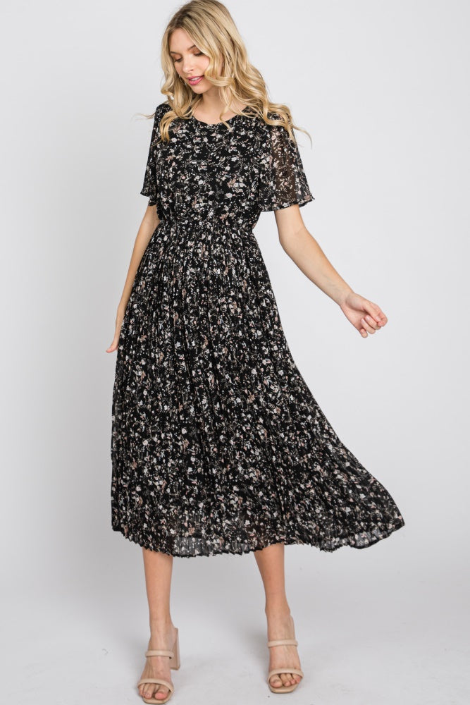 Black Floral Pleated Short Sleeve Chiffon Maternity Midi Dress PinkBlush