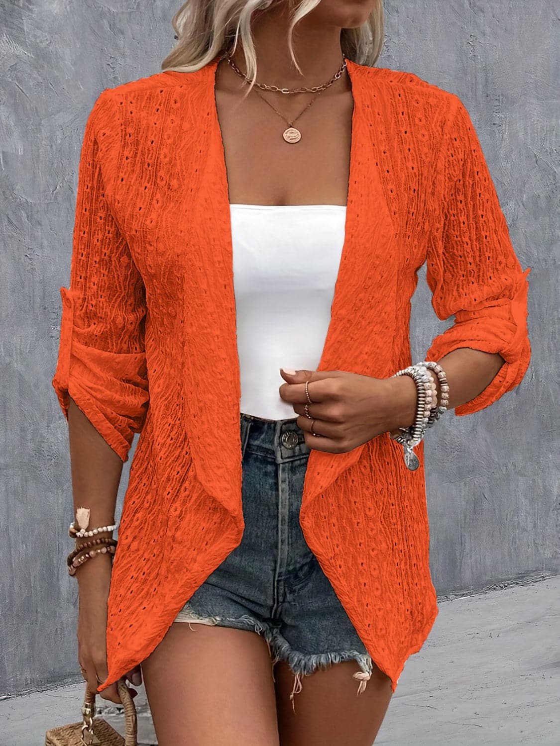 Eyelet Roll-Tab Sleeve Cardigan.