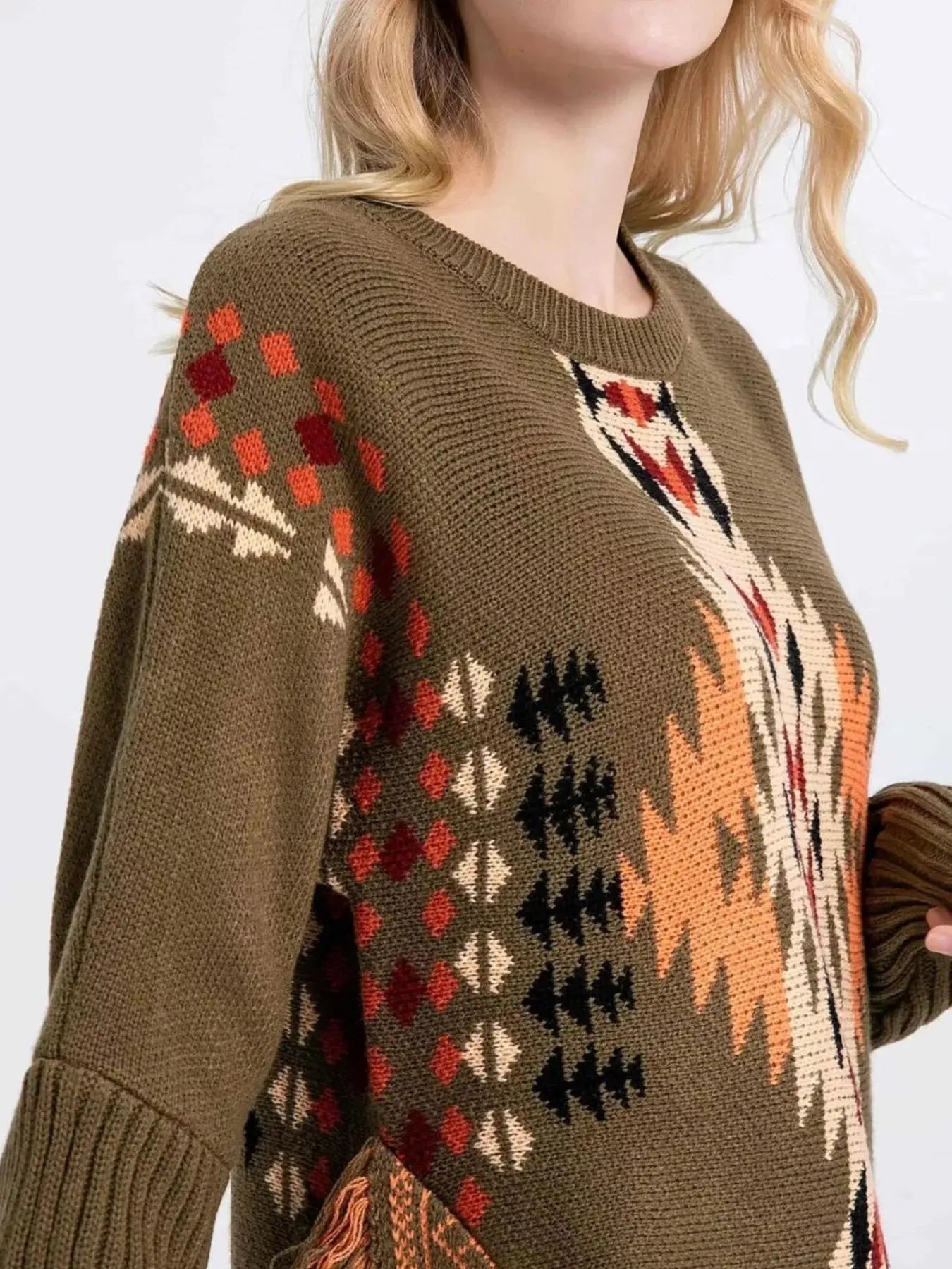 Geometric Pattern Fringe Sweater Simply Love