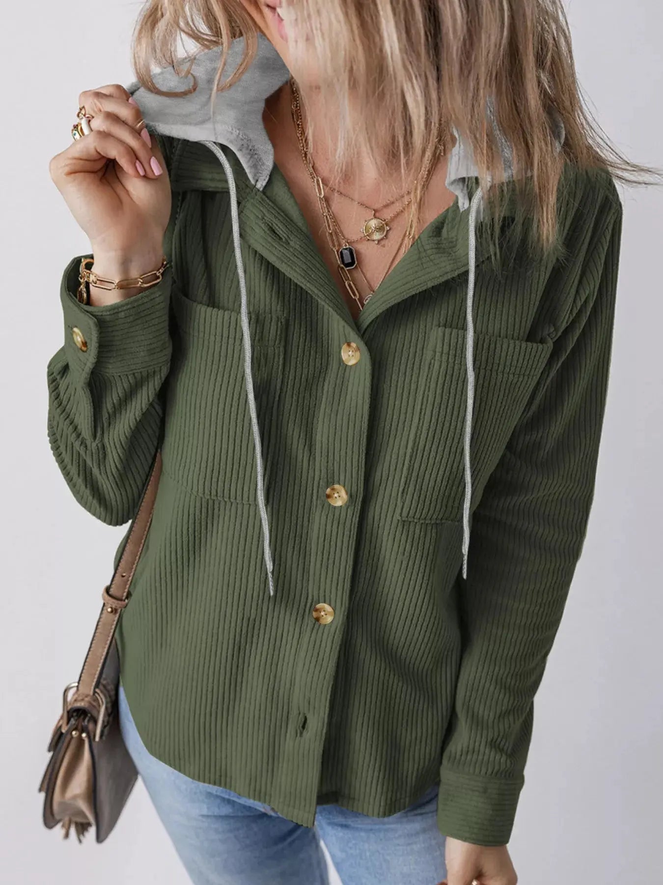 Hooded Corduroy Button-Down Jacket Simply Love