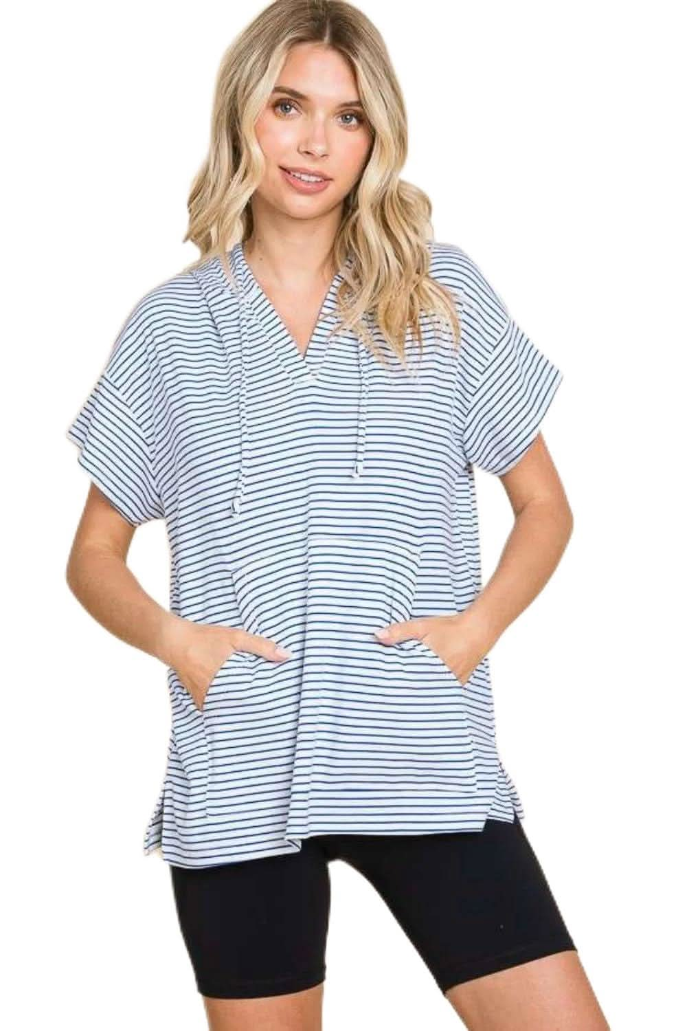 Love Salve Full Size Striped Short Sleeve Hooded Top