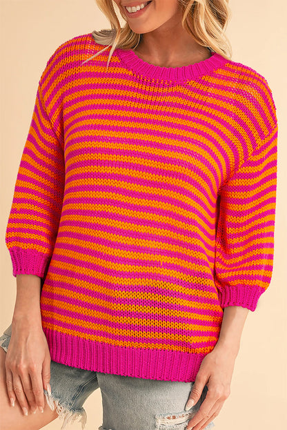 Chic Rose Striped 3/4 Puff Sleeve Drop Shoulder Knit Sweater