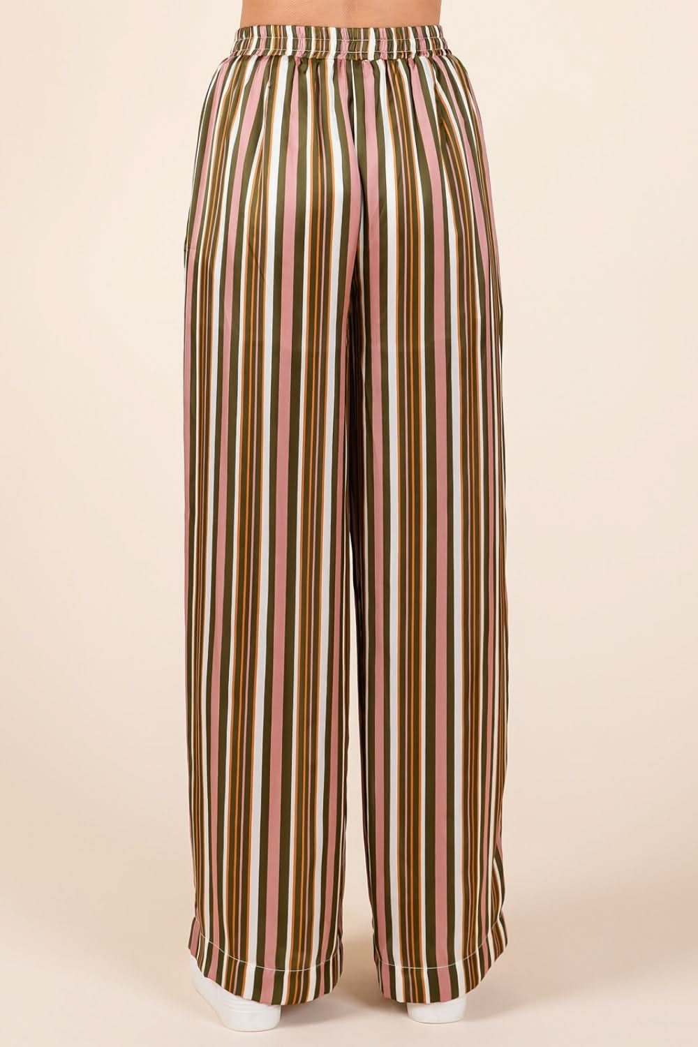 Chic Striped Satin Wide Leg Pants with Elastic Waist and Pockets