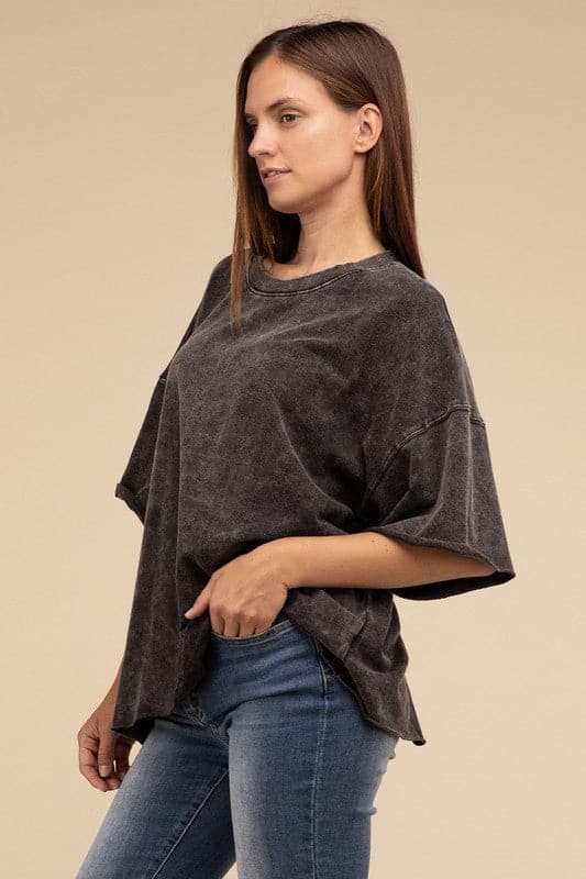 French Terry Washed Drop Shoulder Short Sleeve Top.