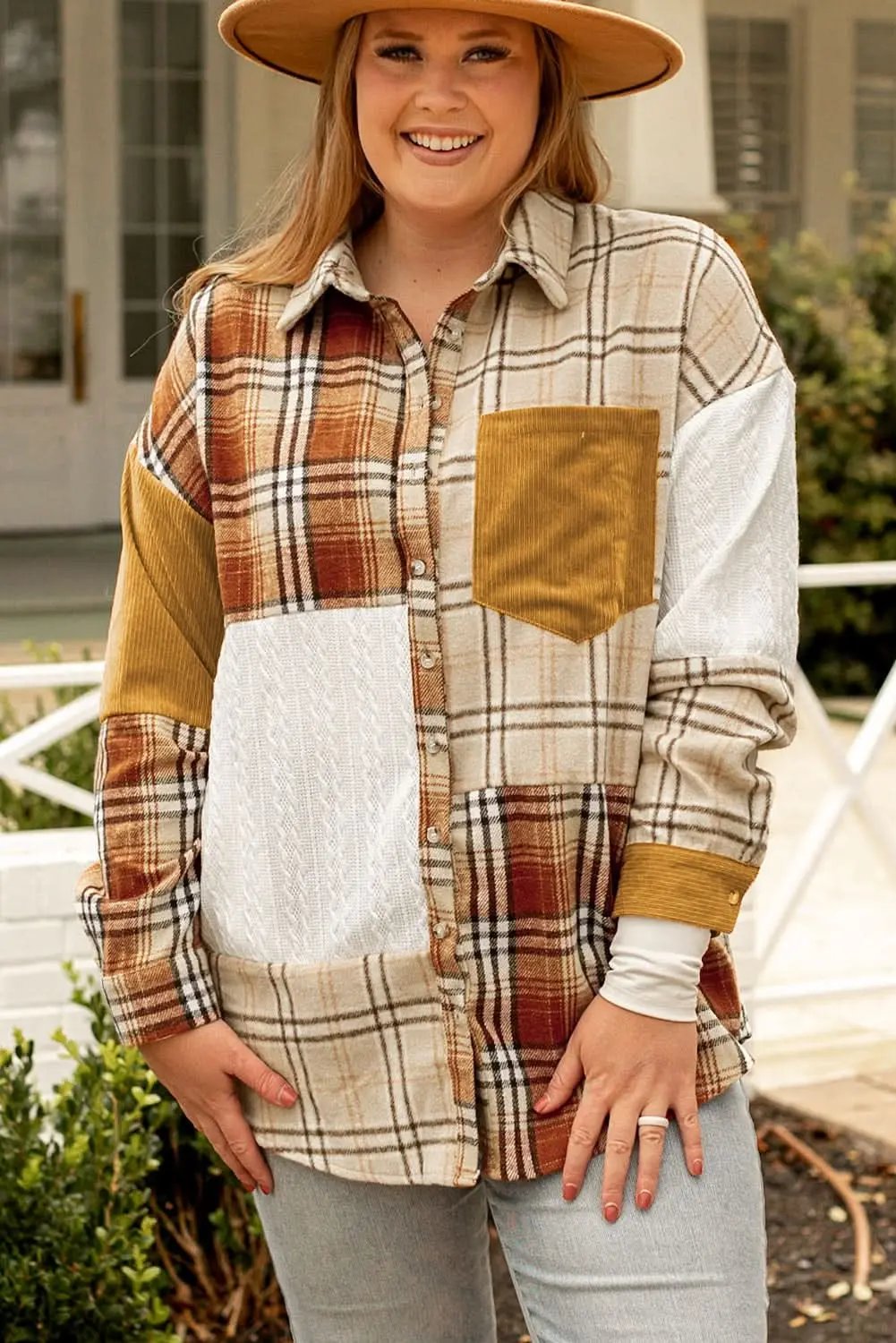 Golden apricot plaid shacket plus size - Love Salve 