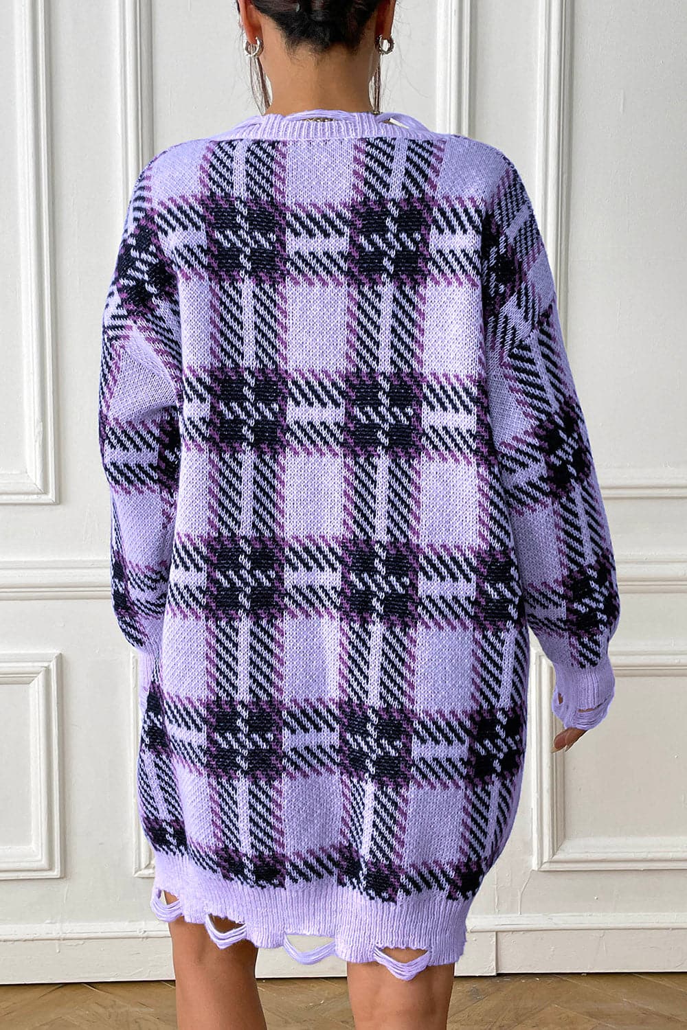 Plaid V-Neck Long Sleeve Sweater Dress.