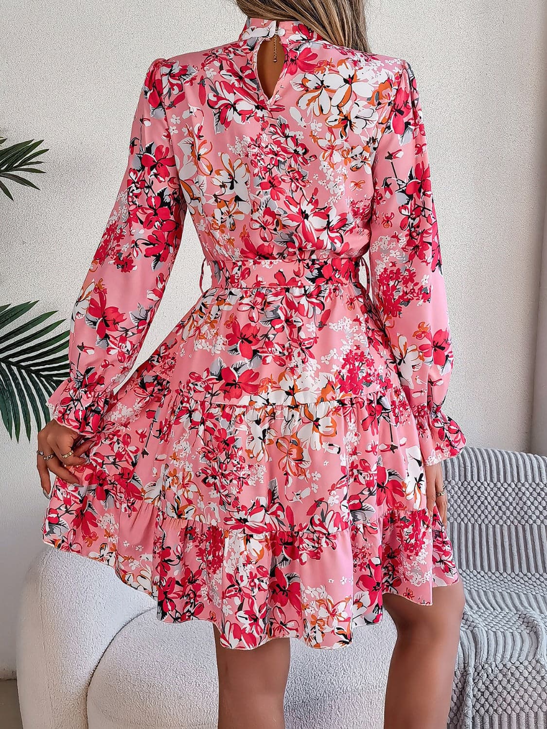 Printed Mock Neck Flounce Sleeve Mini Dress.