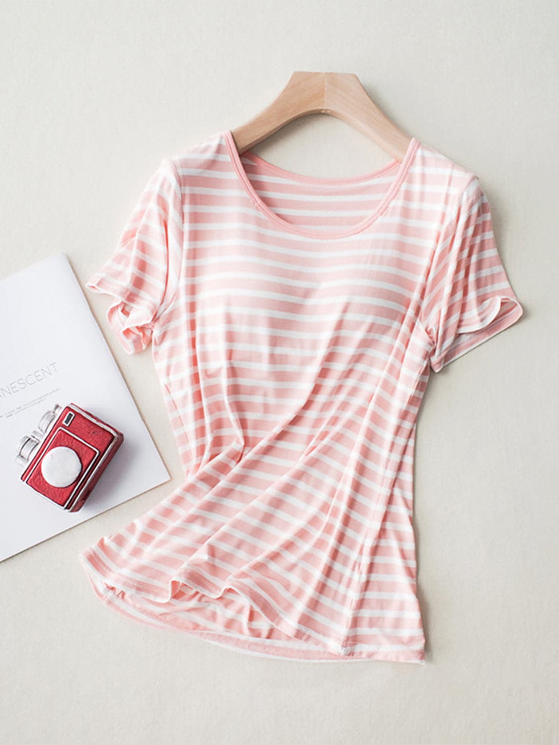 Striped Round Neck Short Sleeve T-Shirt with Bra.